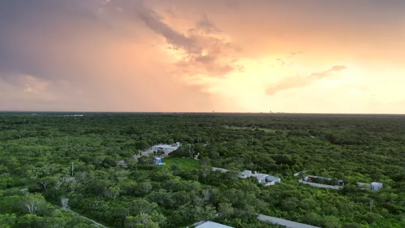 Vista aérea al atardecer sobre el monte, con Mérida en el horizonte.