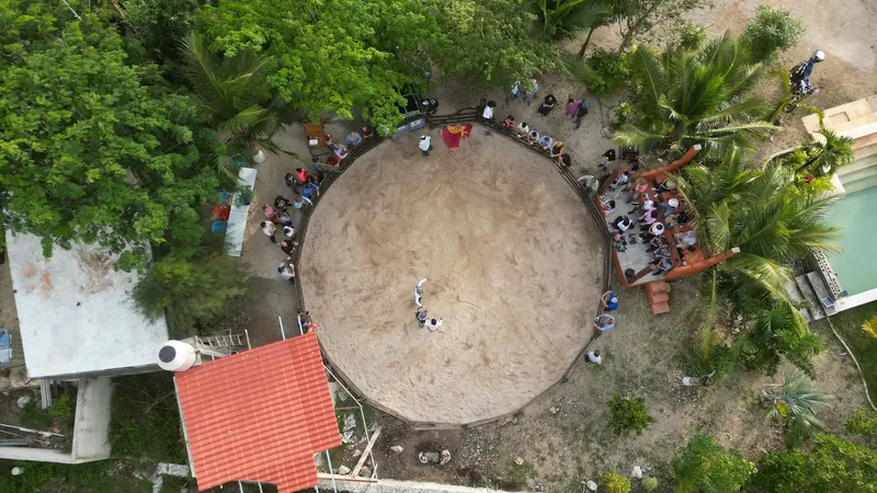 El ruedo de un rancho vecino durante una fiesta, visto desde arriba.